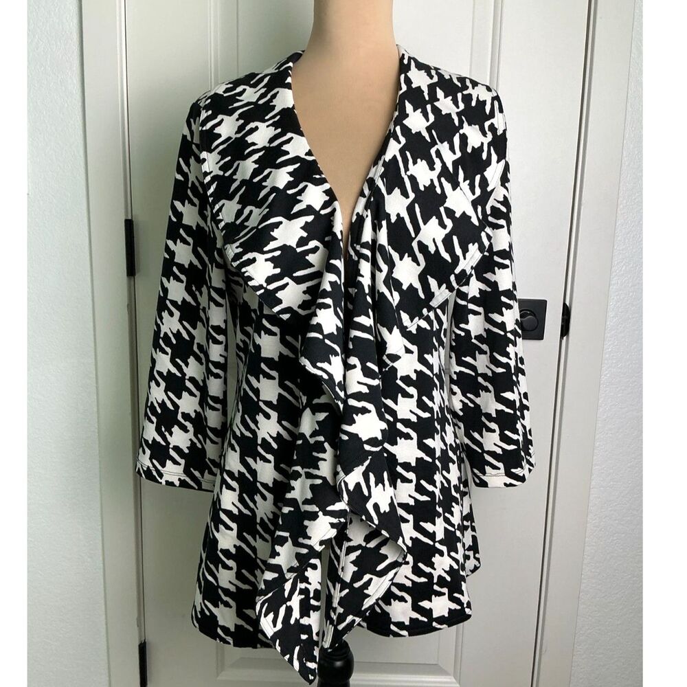 Calvin Klein Size 8 Black Ivory Houndstooth Waterfall Open Front Jacket